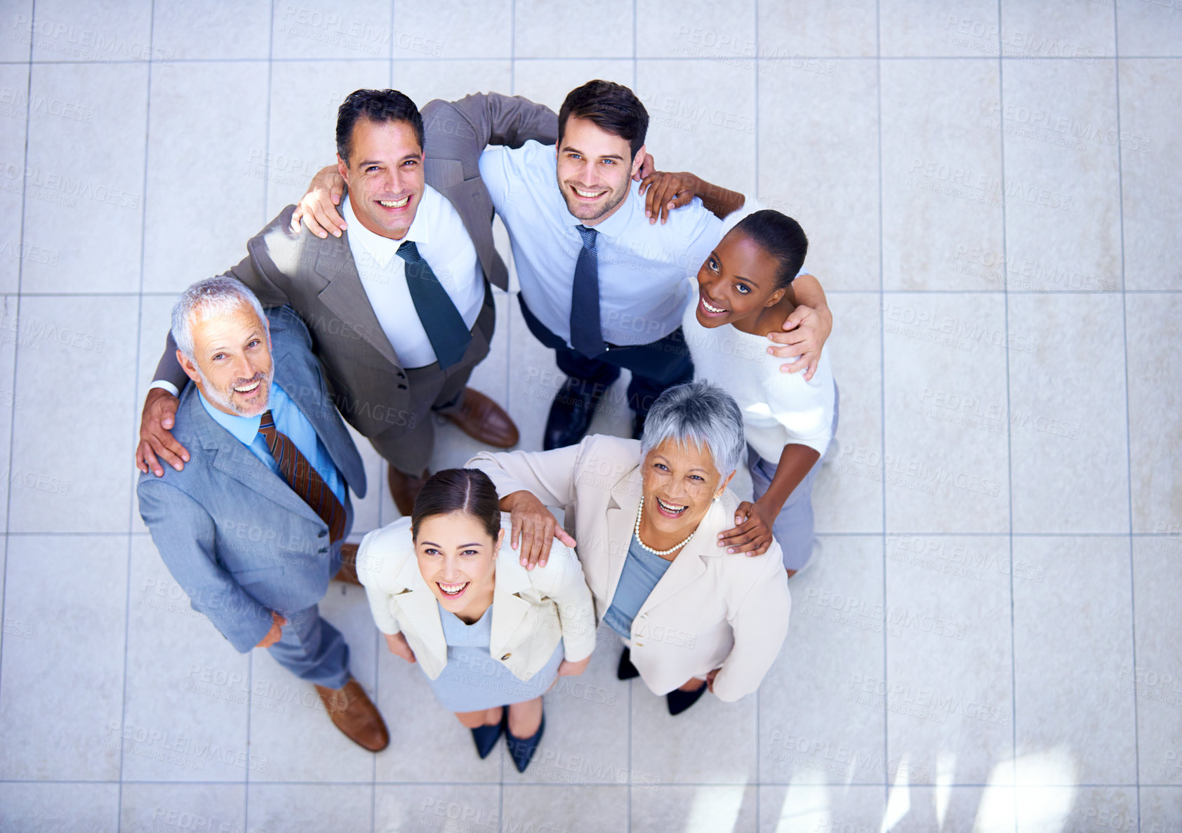 Buy stock photo Huddle, portrait and business people with smile in circle for support, solidarity and partnership. Employee, diversity and professional team with collaboration for meeting, trust and happy from above