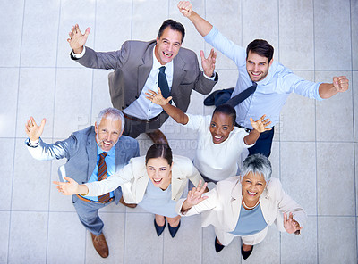 Buy stock photo Portrait, business people and happiness for good job, teamwork or collaboration together in office. Top view, winner and diversity group of employee workers for success, victory or celebration