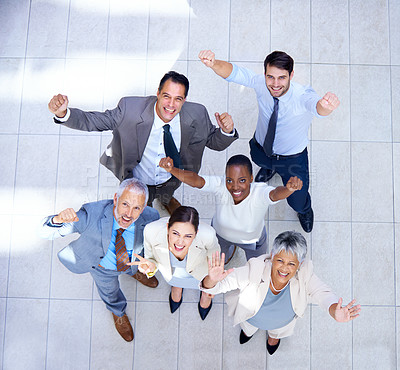 Buy stock photo Business people, portrait and happiness for success, teamwork or collaboration together in office. Top view, winner and group of diverse employee workers for victory, good job and celebration