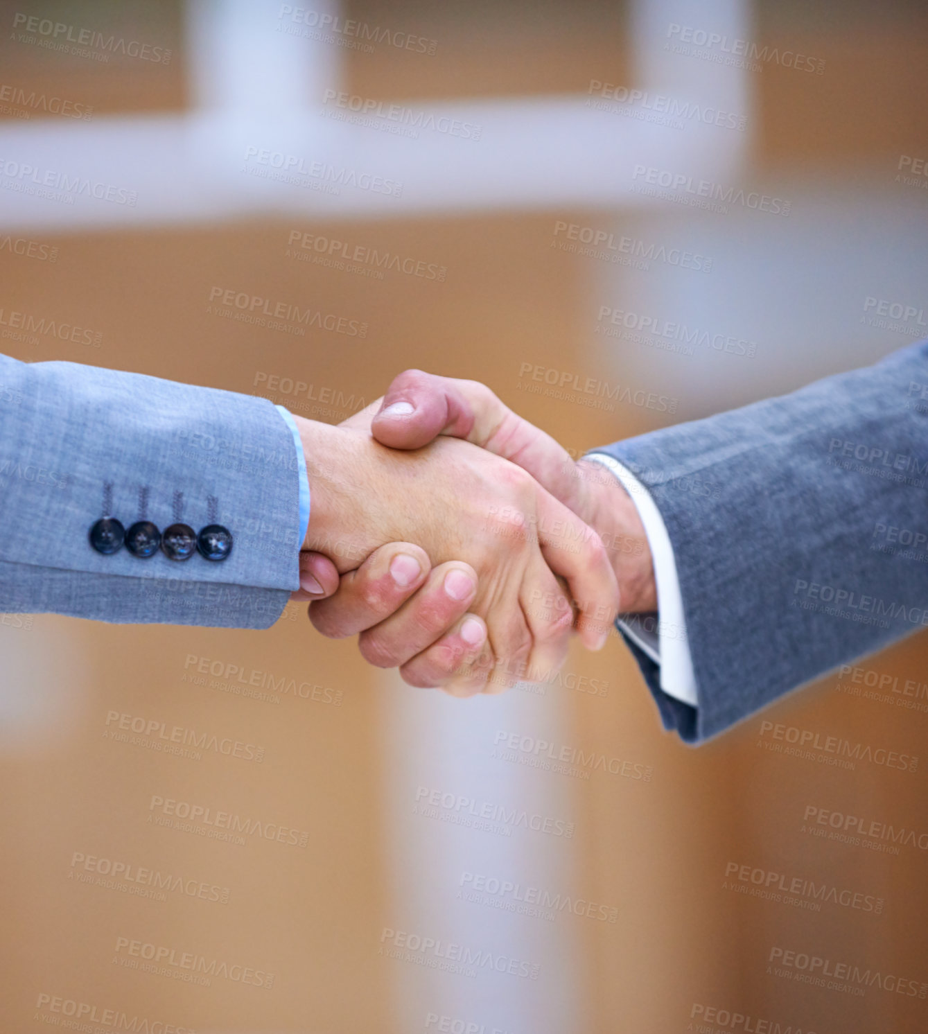 Buy stock photo Professional and handshake in business deal agreement for office, corporate merger or acquisition collaboration. Hello, thank you hand gesture for businesspeople, b2b or crm contract congratulations