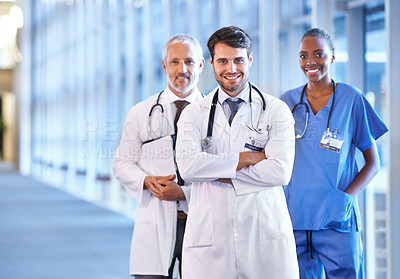 Buy stock photo Portrait, leader and smile of medical team in hospital for healthcare service in clinic. Confidence, happy nurse and diverse group of doctors in collaboration, cooperation or arms crossed together