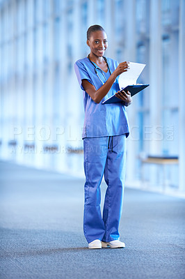 Buy stock photo Portrait, nurse and smile of black woman with paperwork in hospital for healthcare or reading in Kenya. Happy, medical professional and surgeon with checklist, expert and doctor in clinic with mockup