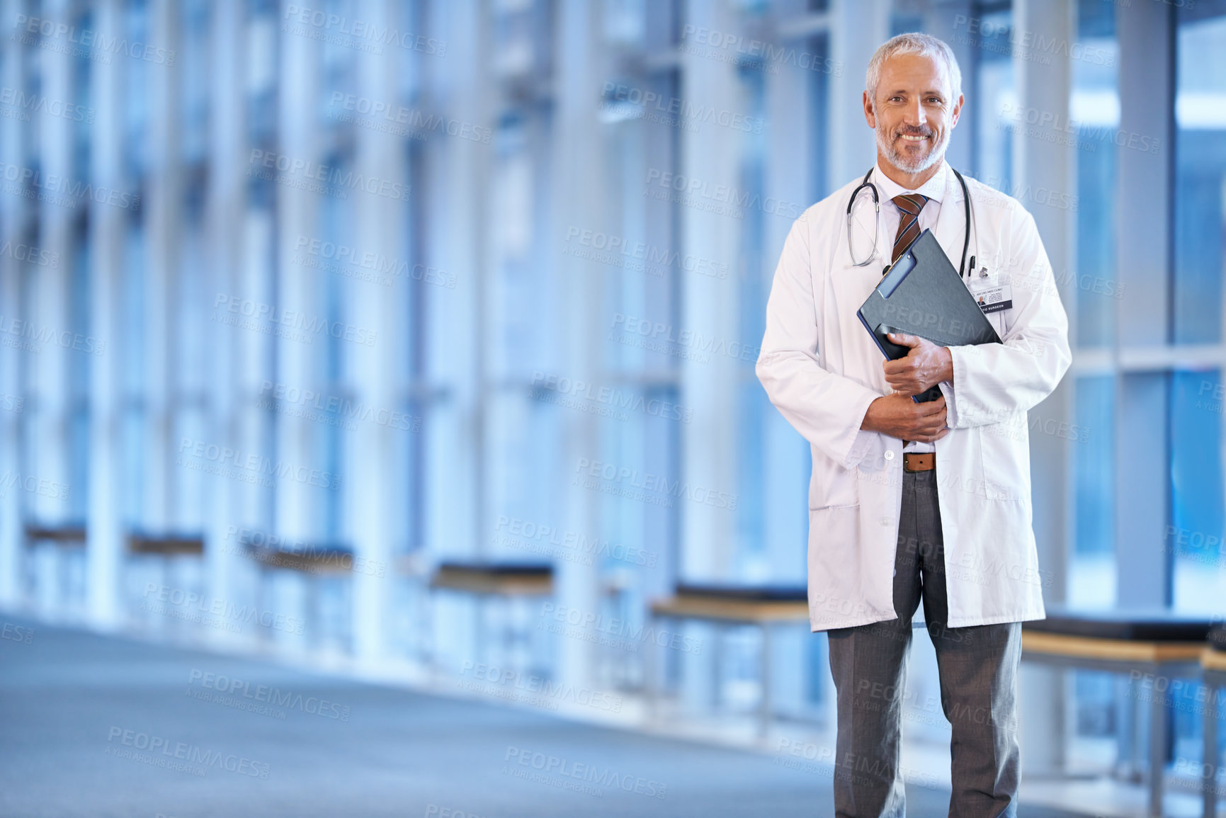 Buy stock photo Portrait, senior man and doctor with a document, hospital and file with a smile, information and healthcare. Face, mature male person and medical professional with paperwork, research and career