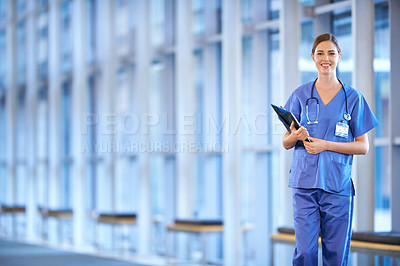 Buy stock photo Healthcare, portrait of woman doctor and clipboard standing in a hospital smiling for protection. Nursing, health wellness female nurse or surgeon smile for happiness with a patients chart at clinic
