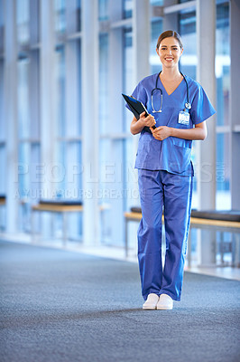 Buy stock photo Healthcare, portrait and nurse with a chart at hospital with smile in medicine or cardiology or intern. Female medical, assistant and nursing with paperwork for medicare information at clinic.