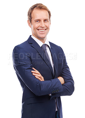 Buy stock photo Portrait, mindset and mission with a business man in studio isolated on a white background standing arms crossed. Vision, future and growth with a male employee in a suit for corporate success