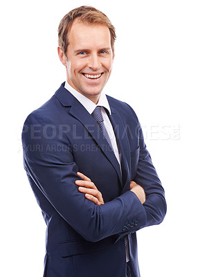 Buy stock photo Portrait, mindset and vision with a business man in studio isolated on a white background standing arms crossed. Mission, future and growth with a male employee in a suit for corporate success
