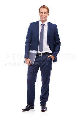 Buy stock photo Portrait, documents and vision with a business man in studio isolated on a white background for corporate success. Finance, mission and paperwork with a male employee working for future growth