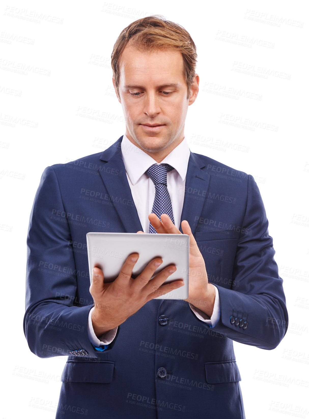Buy stock photo Businessman, tablet and typing on social media, networking or online marketing against a white studio background. Isolated CEO man holding touchscreen for market advertising, internet or trading