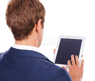 Buy stock photo Digital tablet, research and businessman in a studio networking on social media or the internet. Technology, corporate and professional male model with a mobile device isolated by a white background.