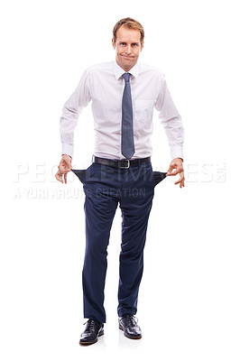 Buy stock photo Portrait of businessman, bankruptcy and pulling pockets from pants isolated on white background. Stock market crash, debt and finance, broke or bankrupt man with empty pocket in bad economy in studio