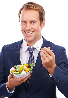 Buy stock photo Business man, salad and happy portrait, eating lunch for healthy nutrition motivation or green food diet in white background. Corporate man, vegan meal and happiness eating snack isolated in studio 