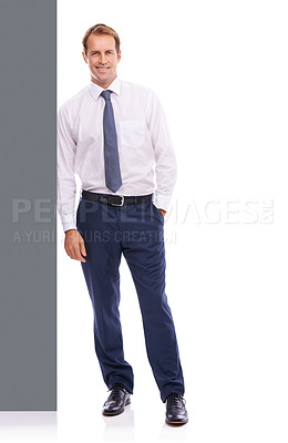 Buy stock photo Portrait, mockup and wall with a business man leaning in studio isolated on a white background for advertising. Marketing, space and product placement with a male employee on blank wallpaper
