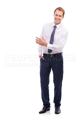 Buy stock photo Businessman, smile portrait and manager standing in white background for success motivation. Corporate man, happy and employee welcome, positive mindset and confident happiness isolated in studio