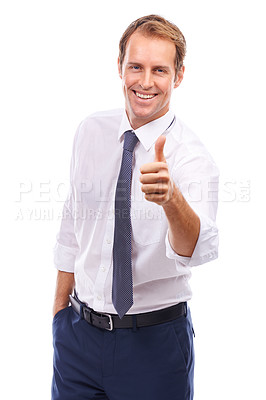 Buy stock photo Businessman, thumbs up and happy portrait for success support, employee motivation and winner in white background. Corporate male, good job and deal discount or sale happiness isolated in studio 