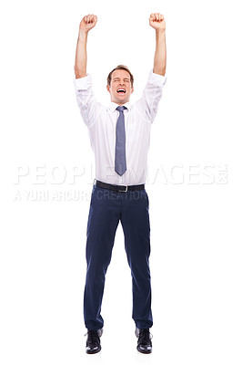 Buy stock photo Business man, celebration and winner jumping for employee goals, success happiness and announcement in white background. Corporate worker, happy and hands celebrate achievement isolated in studio 
