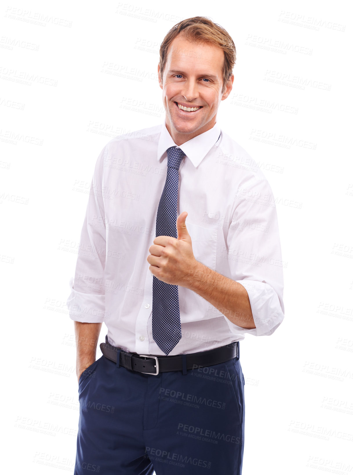 Buy stock photo Business man, thumbs up and smile portrait for support, employee success motivation and winner in white background. Corporate worker, good job and deal discount or sale happiness isolated in studio
