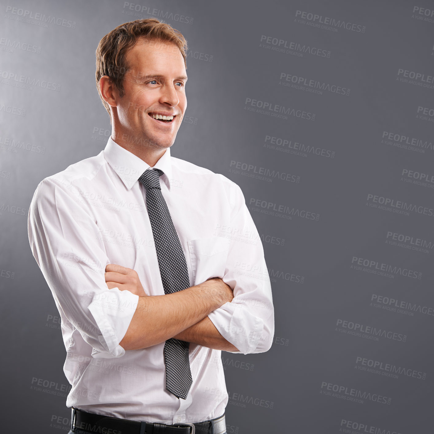 Buy stock photo Idea, vision and mindset with a business man in studio on a gray background for advertising or marketing. Thinking, growth or future mission with a handsome male employee arms crossed next to mockup