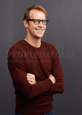 Buy stock photo Man, thinking and happy nerd in studio with arms crossed and inspiration on dark background. Planning, ideas and programmer brainstorming a development of solution for IT project update in mockup