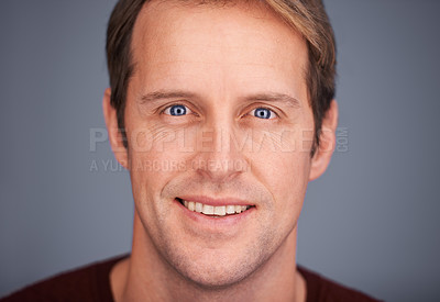 Buy stock photo Man, smile and portrait in studio for business with confidence and consultant on dark background. Person, relax and face closeup of professional in positive attitude for work or consulting in mockup
