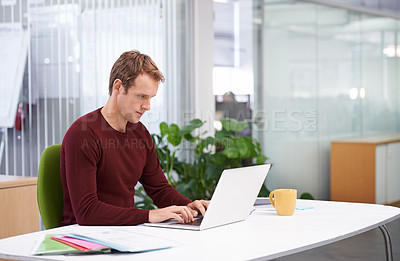 Buy stock photo Office, desk and business man on laptop for working on online project, research and internet. Creative agency, professional worker and person on computer for website, typing email and planning