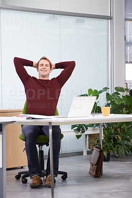 Buy stock photo Happy, relax and portrait of businessman in office for finish project on laptop with deadline. Smile, rest and creative male designer with hands on head for completed work on computer in workplace.