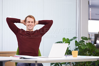Buy stock photo Smile, relax and portrait of businessman in office for finish project on laptop with deadline. Happy, rest and male creative designer with hands on head for completed work on computer in workplace.