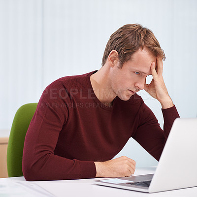 Buy stock photo Tired, headache and business man on laptop with challenge, email or stress in startup office. Migraine, fatigue and worker on computer with financial crisis, fail or mistake of creative copywriter