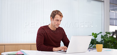 Buy stock photo Businessman, laptop and office work or research as digital designer at creative agency, entrepreneur or project planning. Male person, typing and desk for company review or growth, email or internet