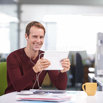 Buy stock photo Tablet, portrait and businessman with earphones, desk and working in office workplace. Smile, technology and watching business videos or streaming, elearning and internet research for online project
