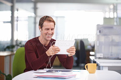 Buy stock photo Tablet, smile and businessman with earphones, watching and desk in office workplace. Happy, technology and entertainment business videos or streaming, creative and internet research for project