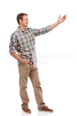 Buy stock photo Presentation, smile and man with palm for advertising, marketing or mockup space in studio isolated on a white background. Happy person, promotion and hand gesture to show information or sales offer
