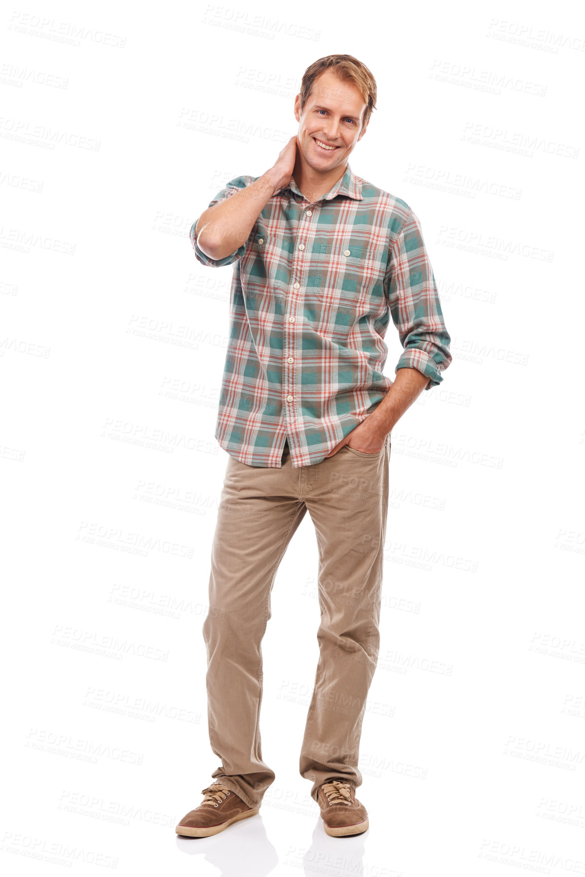 Buy stock photo Happy man, portrait and standing with confidence for style on a white studio background. Full body of handsome young male person or model with smile, hand in pocket or casual clothing on mockup space