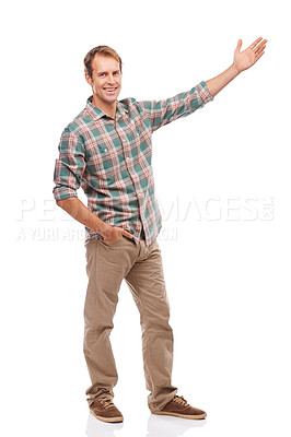 Buy stock photo Presentation, portrait and happy man with palm for advertising, marketing or mockup space in studio isolated on white background. Person, promotion and hand gesture to show information or sales offer