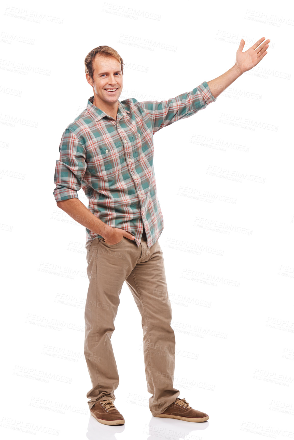 Buy stock photo Presentation, portrait and happy man with palm for advertising, marketing or mockup space in studio isolated on white background. Person, promotion and hand gesture to show information or sales offer