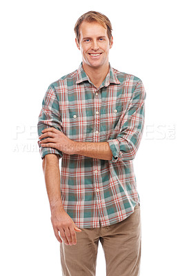 Buy stock photo Man, smile and portrait for fashion, unwind and clothes for comfort and pattern on white background. Young person with arms crossed and happy for relax and style for casual and confident indoor