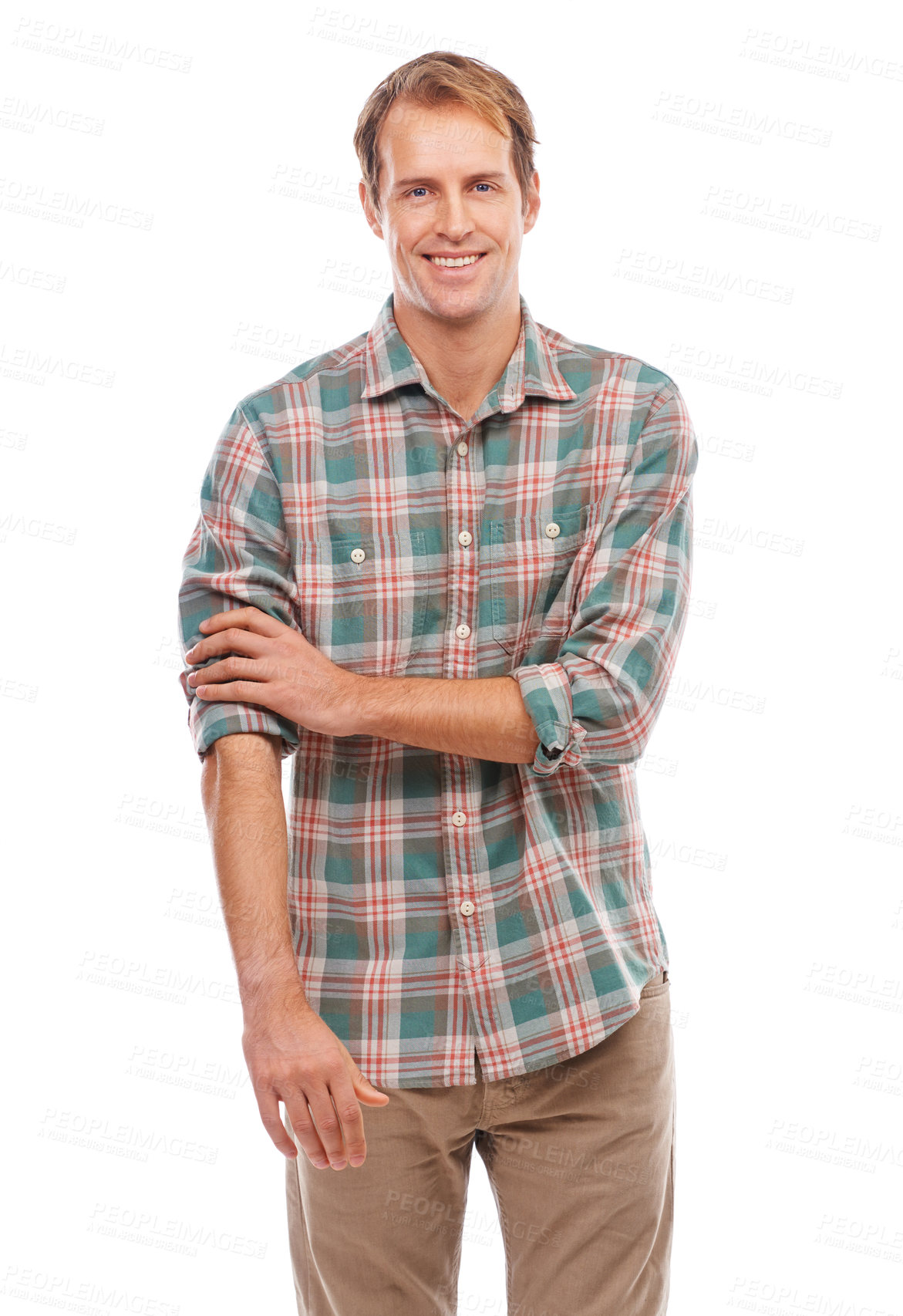 Buy stock photo Man, smile and portrait for fashion, unwind and clothes for comfort and pattern on white background. Young person with arms crossed and happy for relax and style for casual and confident indoor