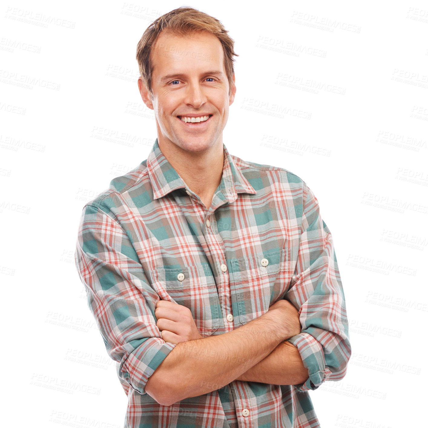 Buy stock photo Studio portrait of a young man standing with his arms folded