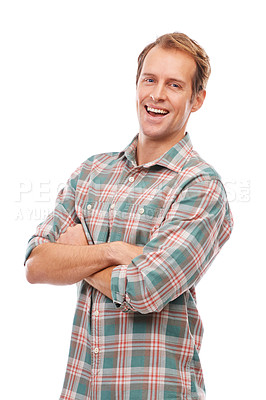 Buy stock photo Happy, portrait and creative man in studio with arms crossed for business in mockup space. Professional, art director and person in development of project working on white background with a smile