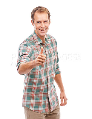 Buy stock photo Man, smile and thumbs up in portrait for agreement, success or support isolated on white background. Yes, like emoji or OK with hand gesture for motivation, feedback or vote with opinion in studio