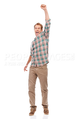 Buy stock photo Champion, portrait and man in celebration with fist for winning the lottery, giveaway or achievement on studio background. Excited, person or cheers for surprise news of success in lotto competition