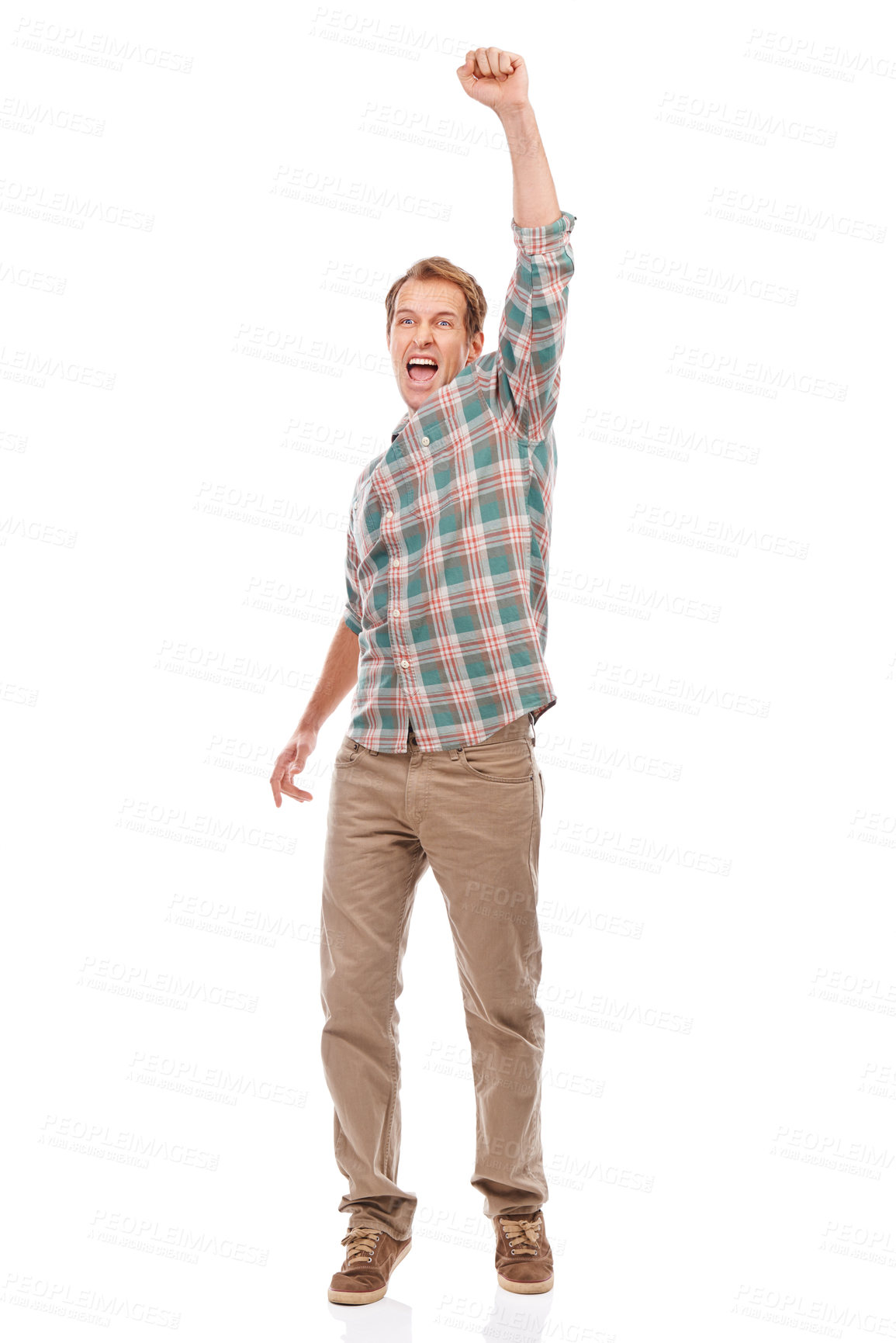 Buy stock photo Champion, portrait and man in celebration with fist for winning the lottery, giveaway or achievement on studio background. Excited, person or cheers for surprise news of success in lotto competition