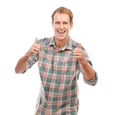 Buy stock photo Portrait, smile and man with thumbs up, support and review isolated on a white studio background. Face, person and model with hand gesture and agreement with feedback and like with emoji and sign