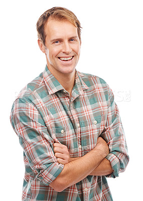 Buy stock photo Man, smile and portrait for fashion, style and clothes for comfort and pattern on white background. Young person with arms crossed and happy for relax and unwind for casual and confident indoor  