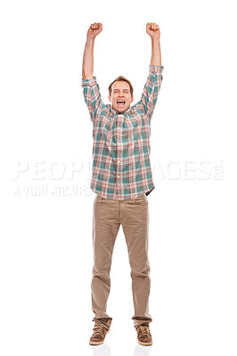 Buy stock photo Studio, portrait and man in celebration for winning the lottery, giveaway or achievement on white background. Happy, person or cheers for surprise success in gambling, competition or excited for news