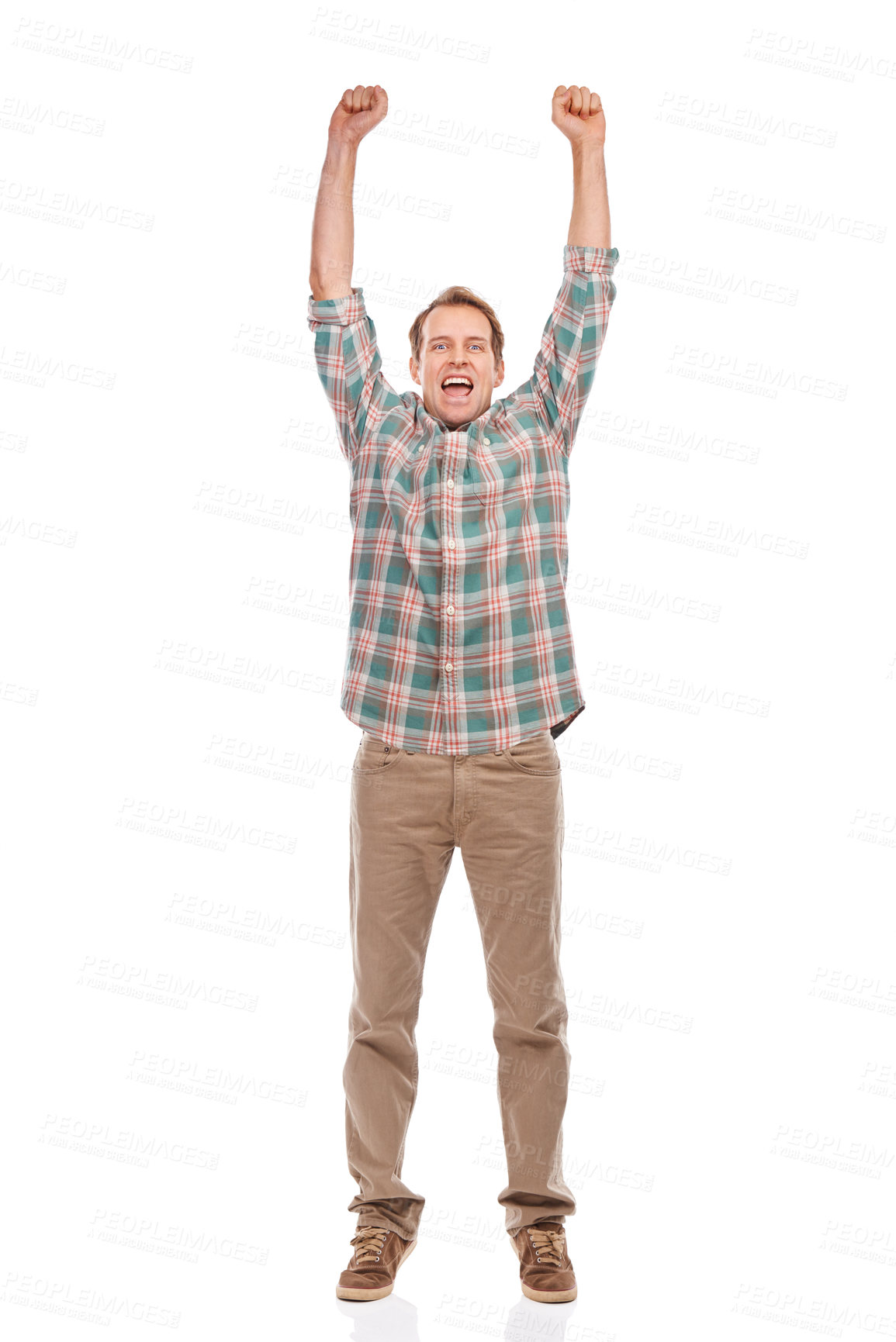 Buy stock photo Studio, portrait and man in celebration for winning the lottery, giveaway or achievement on white background. Happy, person or cheers for surprise success in gambling, competition or excited for news
