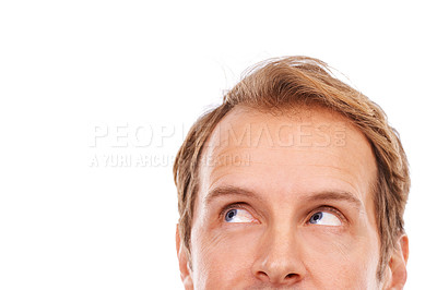 Buy stock photo Cropped, face and man is thinking for ideas or solution with problem solving, planning and decision on white background. Question, brainstorming and inspiration, insight for future and mockup space