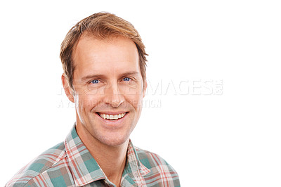 Buy stock photo Fashion, smile and portrait of man in studio for trendy, cool and stylish clothes on isolated white background. Aesthetic, happy and face of Canadian male model for confidence or contemporary outfit 