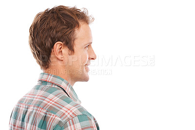 Buy stock photo Thinking, ideas and back of man with future perspective and inspiration for business in mockup space. Happy, planning and creative person brainstorming a solution for development of goals in studio
