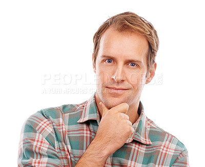 Buy stock photo Thinking, ideas and portrait of creative man with goals for future or decision in business on mockup space. Calm, planning and brainstorming a solution for development of project in studio background